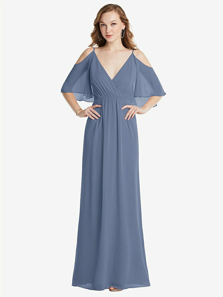 【STYLE: 1547】Convertible Cold-Shoulder Draped Wrap Maxi Dress【COLOR: Larkspur Blue】