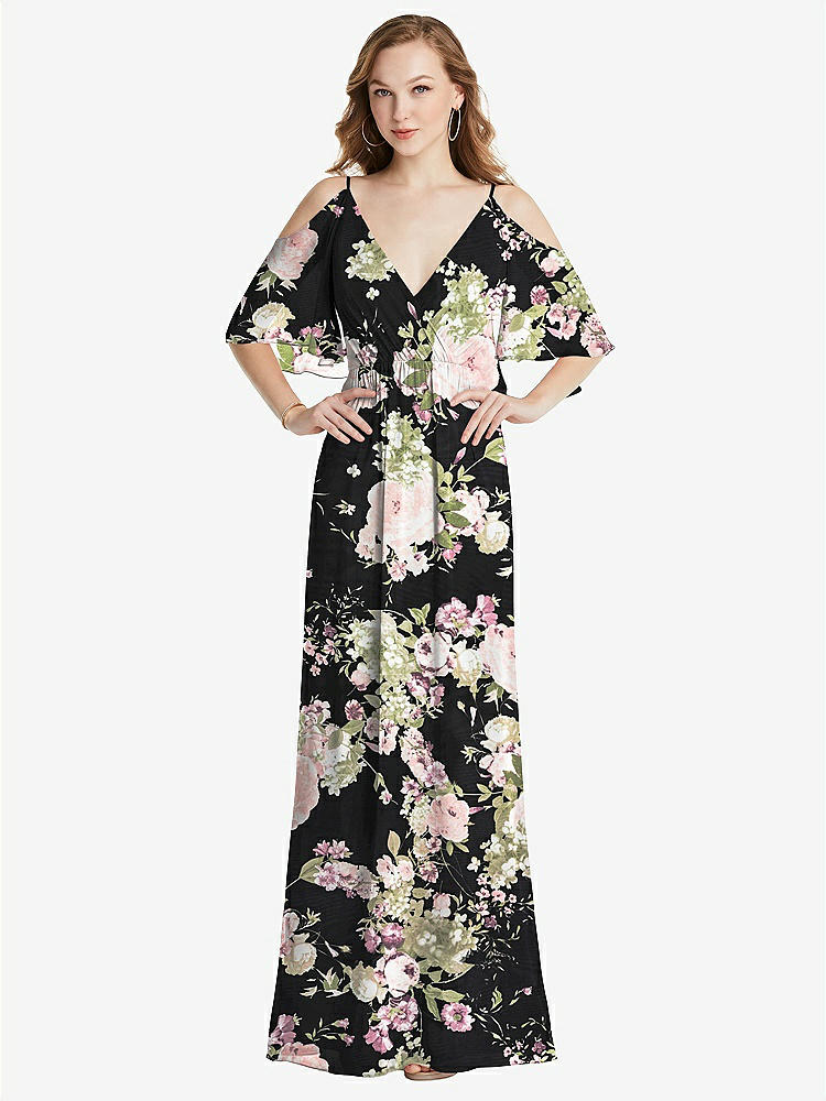 【STYLE: 1547】Convertible Cold-Shoulder Draped Wrap Maxi Dress【COLOR: Noir Garden】
