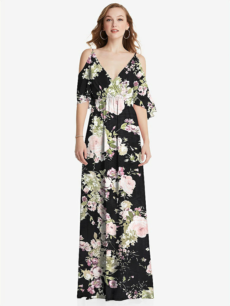 【STYLE: 1547】Convertible Cold-Shoulder Draped Wrap Maxi Dress【COLOR: Noir Garden】