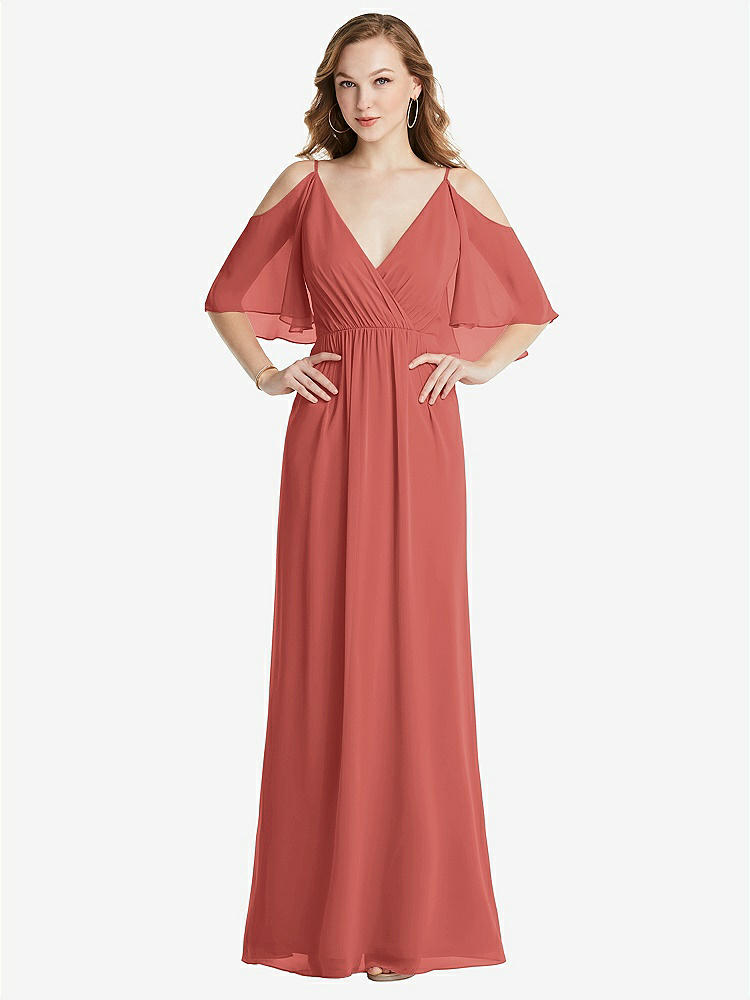 【STYLE: 1547】Convertible Cold-Shoulder Draped Wrap Maxi Dress【COLOR: Coral Pink】