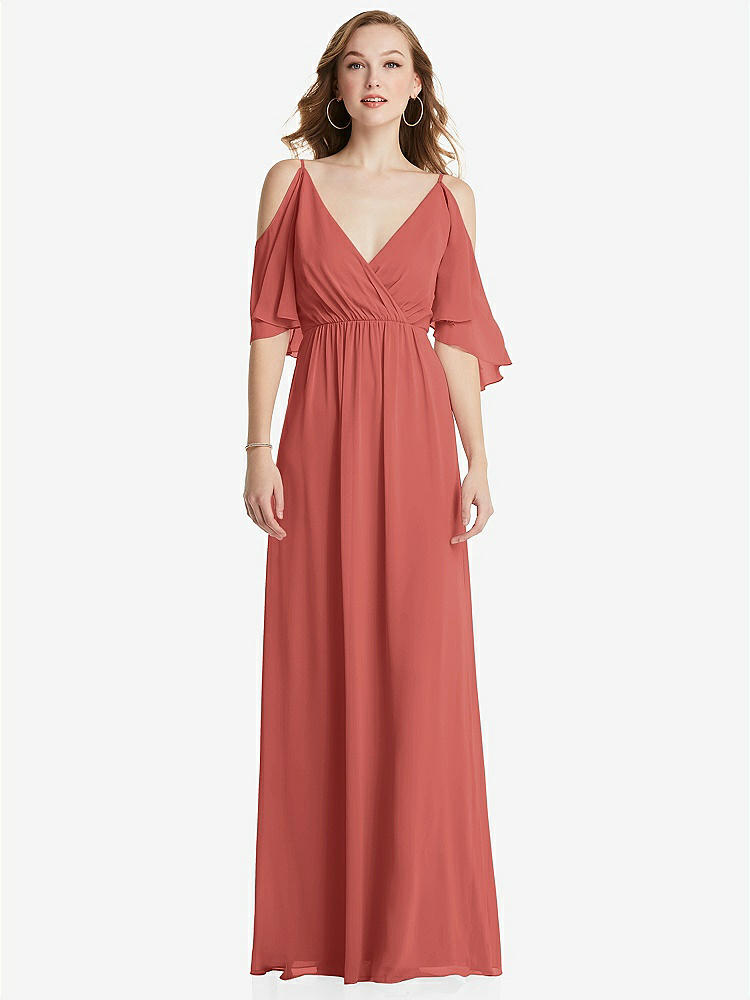 【STYLE: 1547】Convertible Cold-Shoulder Draped Wrap Maxi Dress【COLOR: Coral Pink】