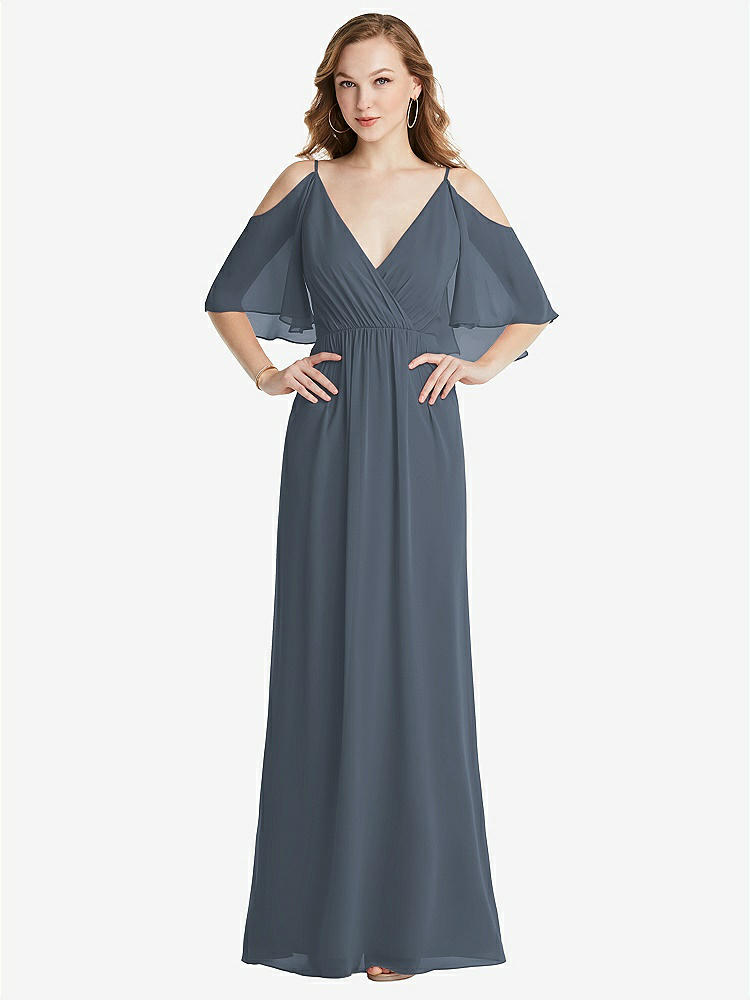 【STYLE: 1547】Convertible Cold-Shoulder Draped Wrap Maxi Dress【COLOR: Silverstone】