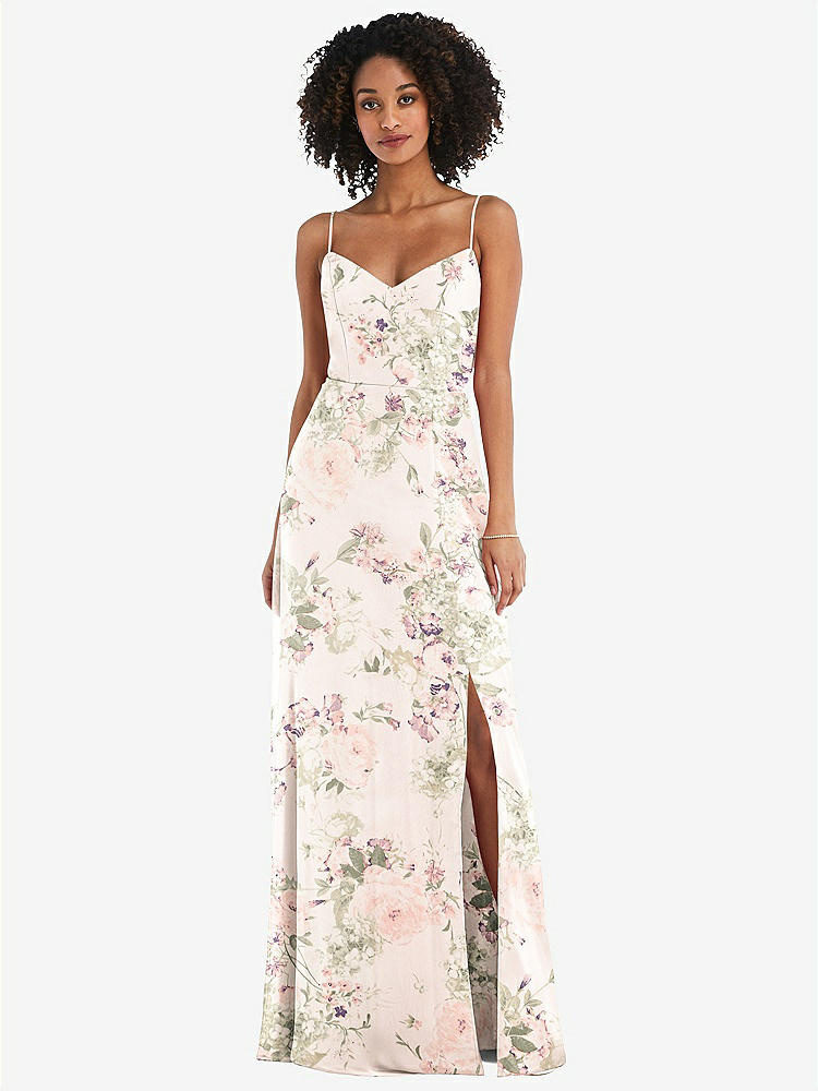 【NEW】【STYLE: 1548】ネクタイバック カットアウト マキシ ドレス 前面 スリット【COLOR: Blush Garden】【SIZE: 00-30W】