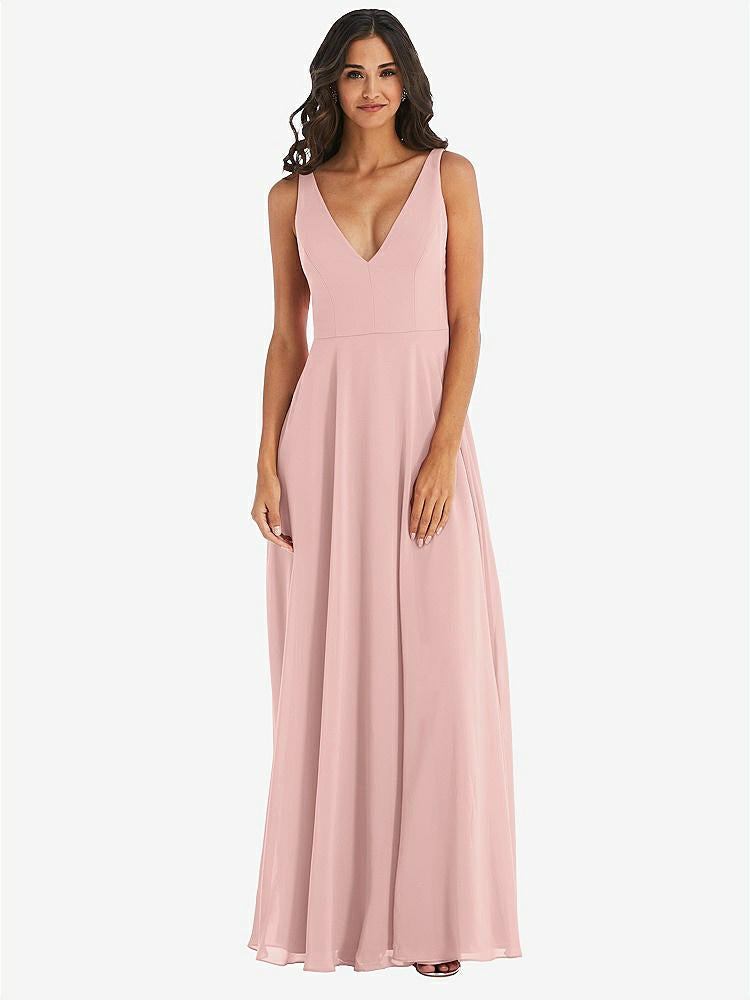 【STYLE: 1549】Deep V-Neck Chiffon Maxi Dress【COLOR: Rose - PANTONE Rose Quartz】