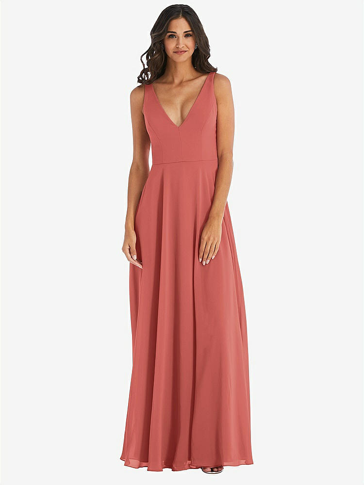 【STYLE: 1549】Deep V-Neck Chiffon Maxi Dress【COLOR: Coral Pink】