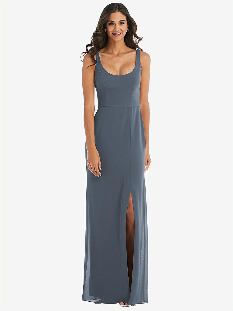 【NEW】【STYLE: 1550】スクープ ネック オープンバック トランペット ガウン【COLOR: Silverstone】【SIZE: 00-30W】