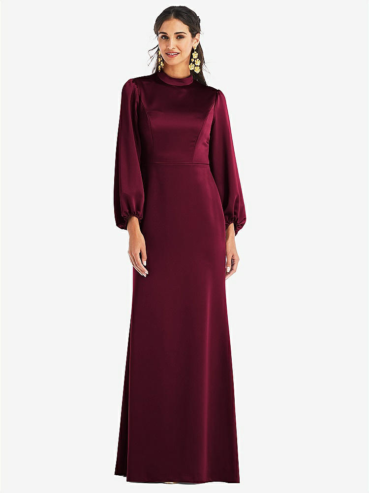【NEW】【STYLE: LB023】高 襟 パフ スリーブ トランペット ガウン - ダービー【COLOR: Cabernet】【SIZE: 00-30W】