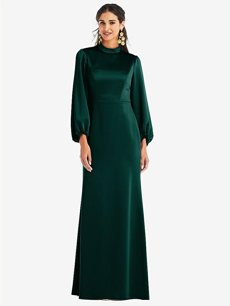 【NEW】【STYLE: LB023】高 襟 パフ スリーブ トランペット ガウン - ダービー【COLOR: Evergreen】【SIZE: 00-30W】