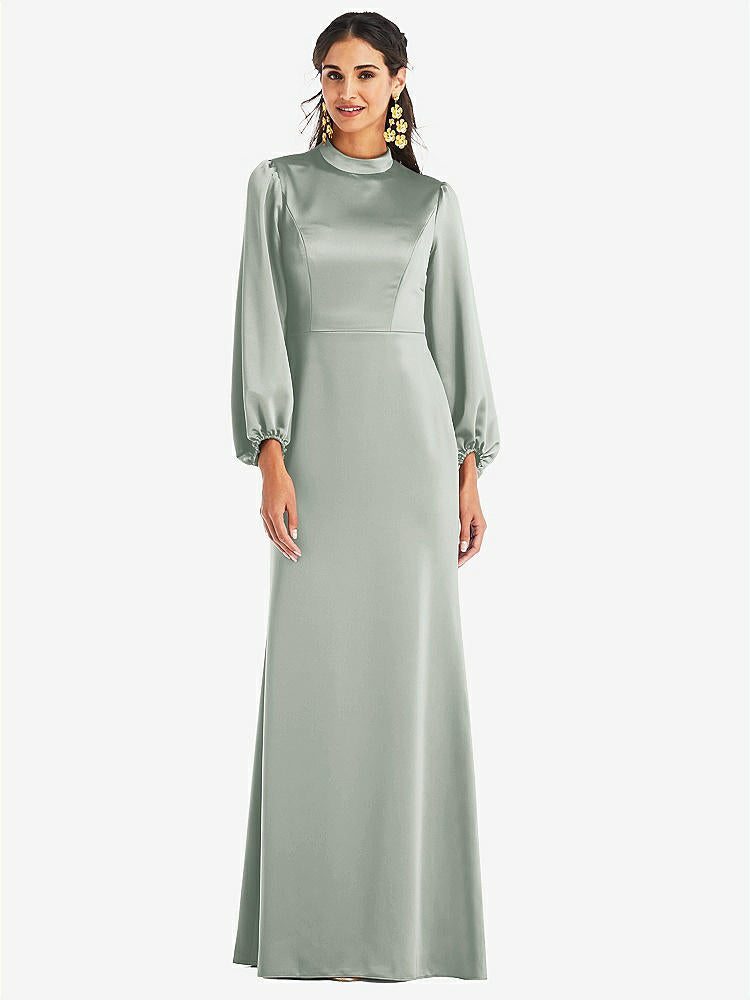 【NEW】【STYLE: LB023】高 襟 パフ スリーブ トランペット ガウン - ダービー【COLOR: Willow Green】【SIZE: 00-30W】