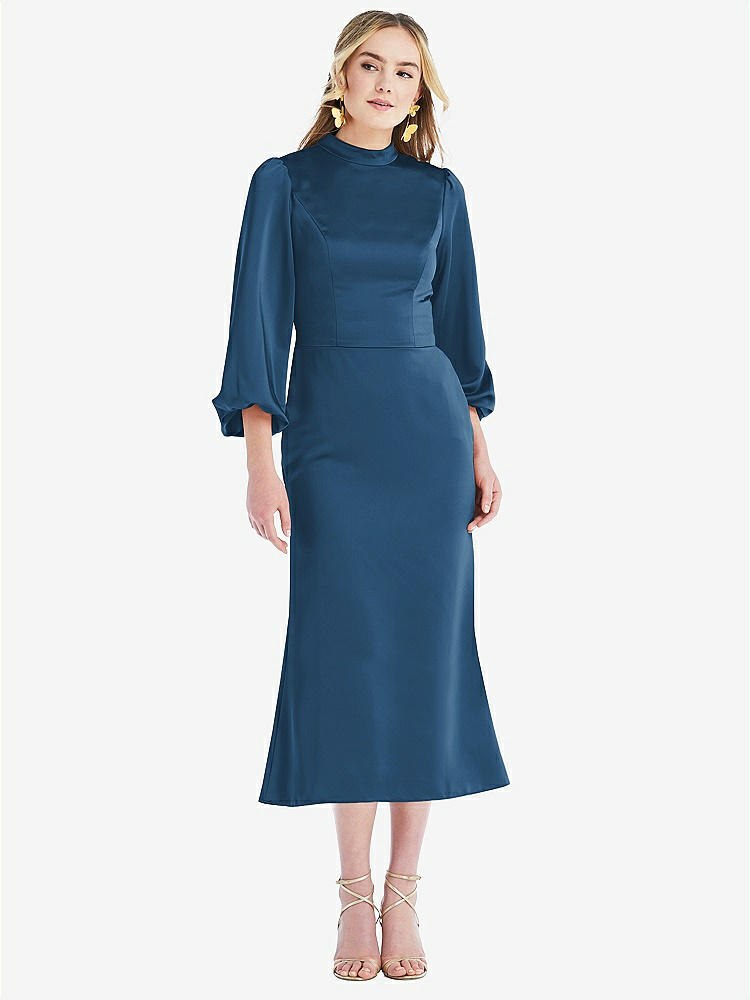 【STYLE: LB024】High Collar Puff Sleeve Midi Dress - Bronwyn【COLOR: Dusk Blue】