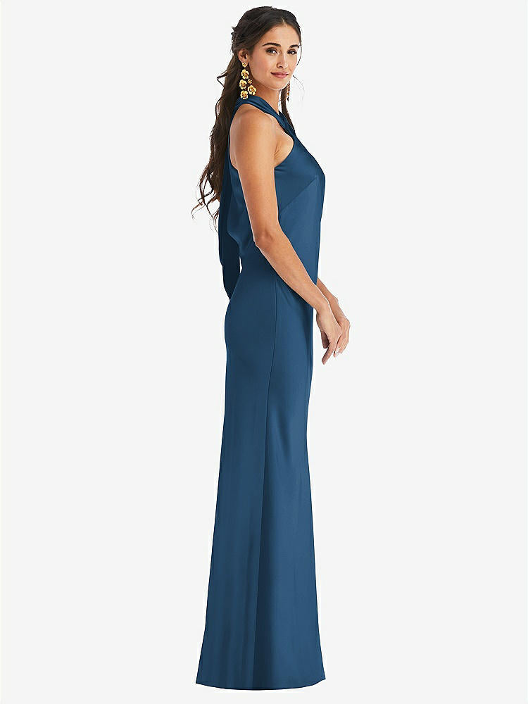 【STYLE: LB025】Draped Twist Halter Tie-Back Trumpet Gown【COLOR: Dusk Blue】