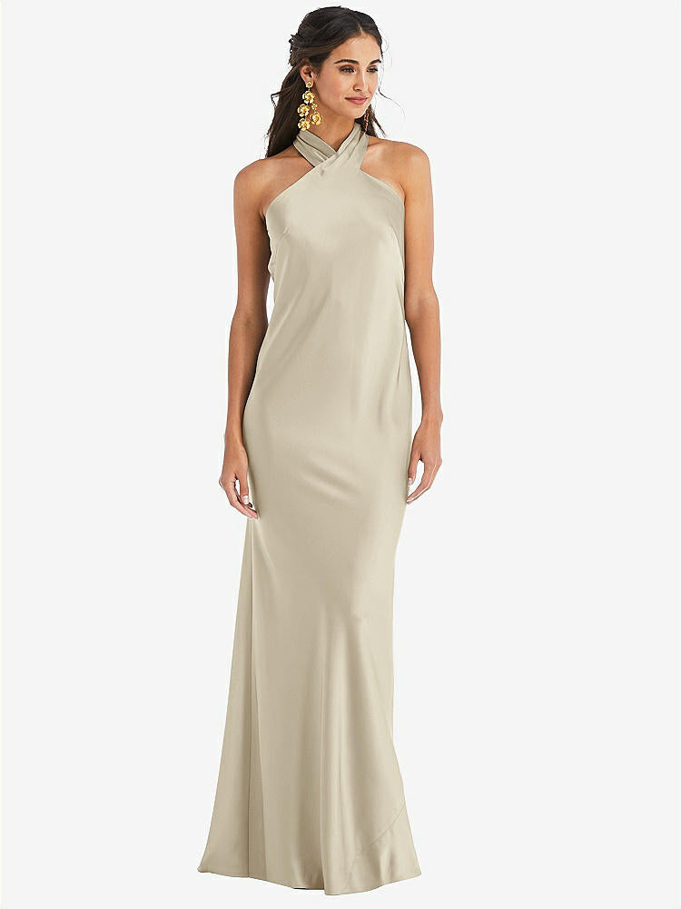 【STYLE: LB025】Draped Twist Halter Tie-Back Trumpet Gown【COLOR: Champagne】