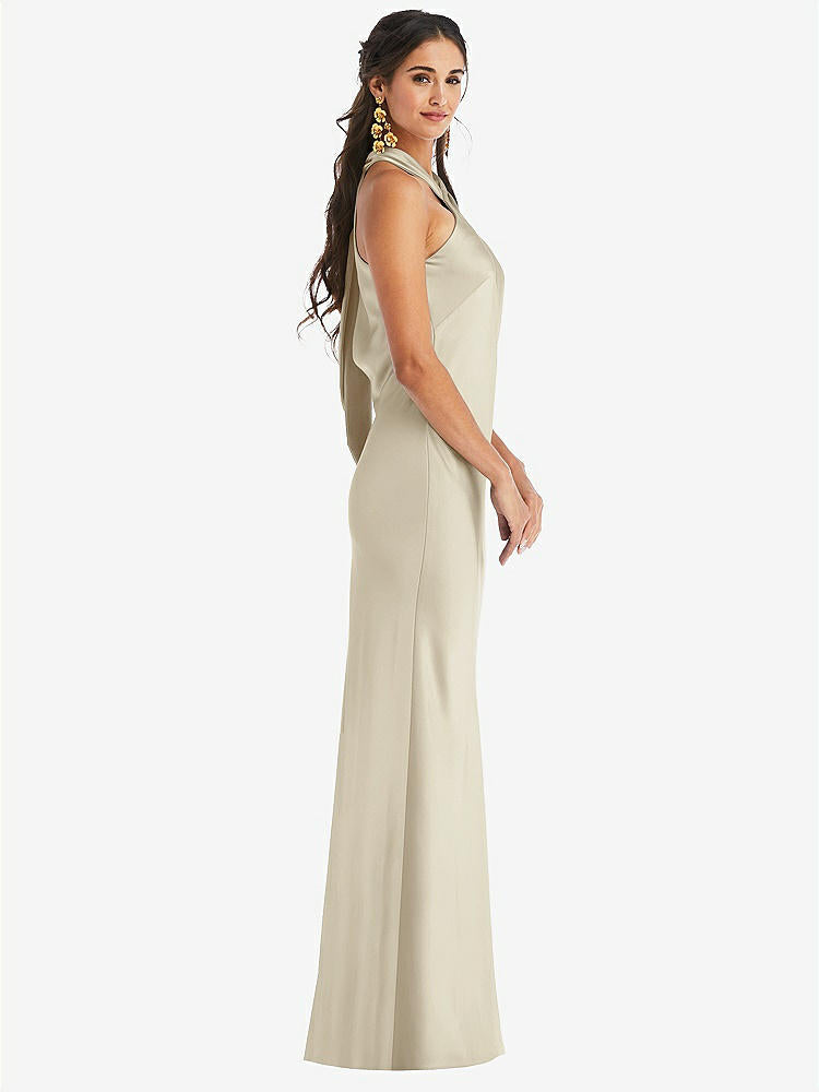 【STYLE: LB025】Draped Twist Halter Tie-Back Trumpet Gown【COLOR: Champagne】