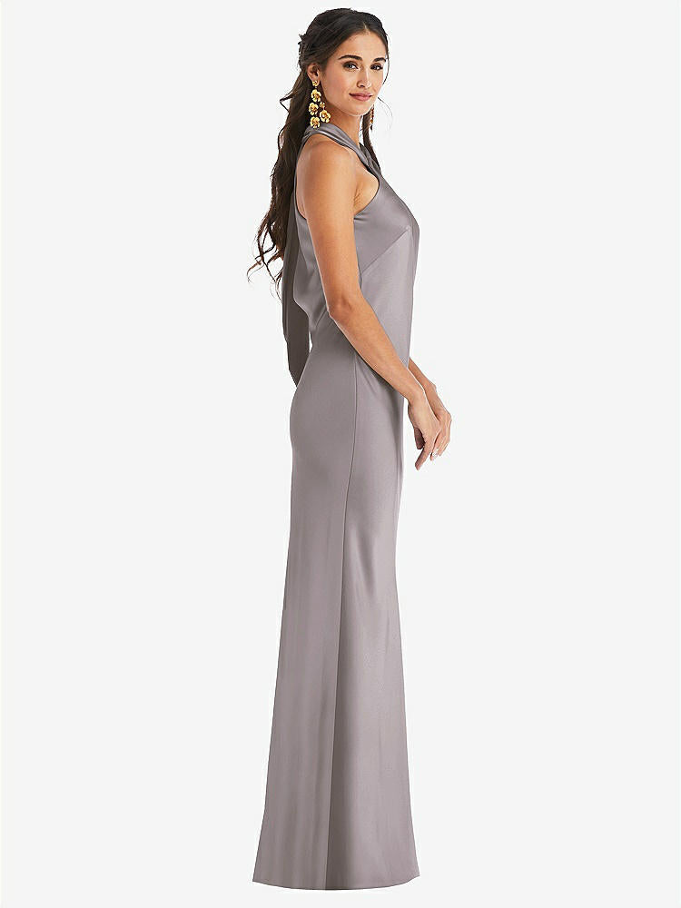 【NEW】【STYLE: LB025】ドレープ ひねり ホルター ネクタイバック トランペット ガウン【COLOR: Cashmere Gray】【SIZE: 00-30W】