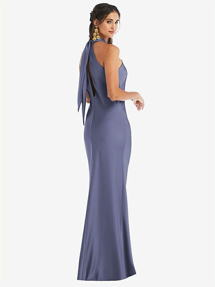 【STYLE: LB025】Draped Twist Halter Tie-Back Trumpet Gown【COLOR: French Blue】