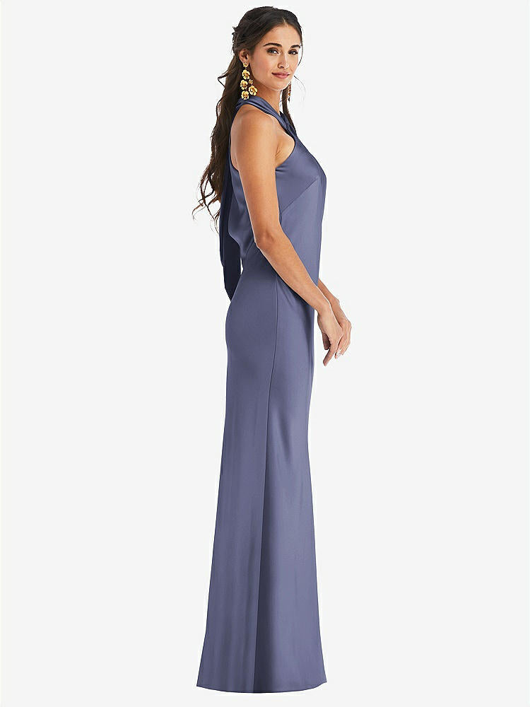 【STYLE: LB025】Draped Twist Halter Tie-Back Trumpet Gown【COLOR: French Blue】