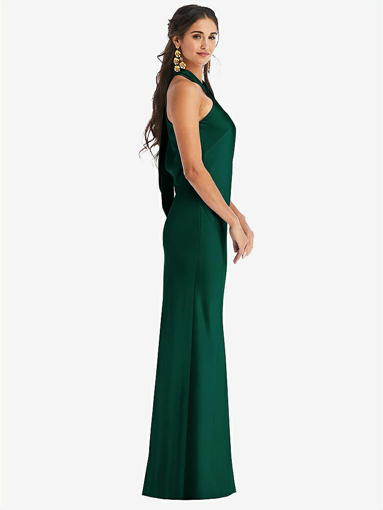 【STYLE: LB025】Draped Twist Halter Tie-Back Trumpet Gown【COLOR: Hunter Green】