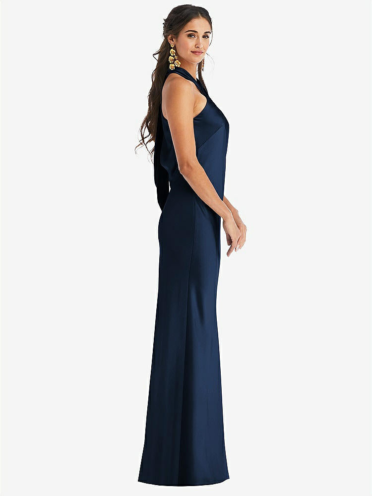 【STYLE: LB025】Draped Twist Halter Tie-Back Trumpet Gown【COLOR: Midnight Navy】