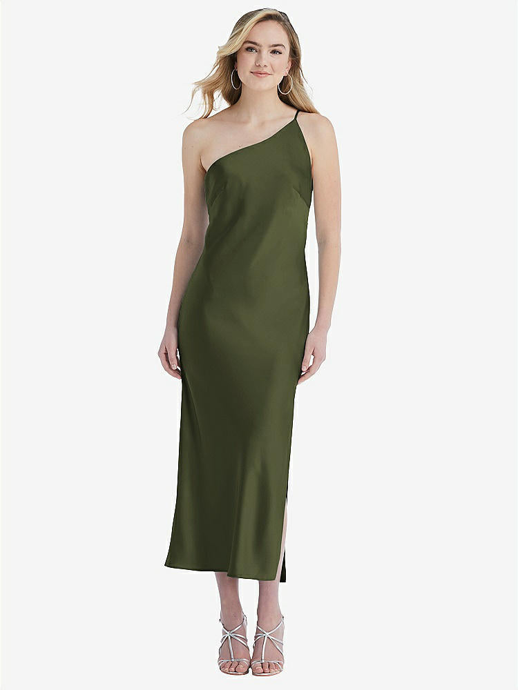 【STYLE: 8202】One-Shoulder Asymmetrical Midi Slip Dress【COLOR: Olive Green】