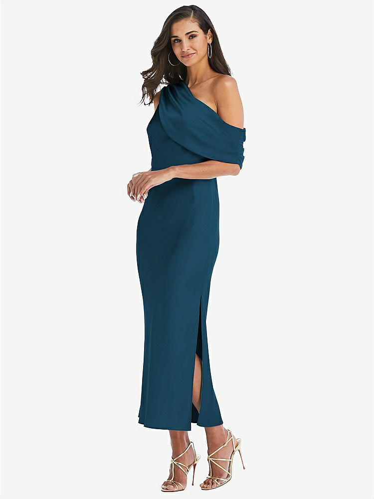 【STYLE: 8203】Draped One-Shoulder Convertible Midi Slip Dress【COLOR: Atlantic Blue】