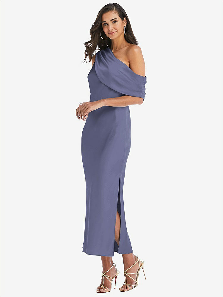 【STYLE: 8203】Draped One-Shoulder Convertible Midi Slip Dress【COLOR: French Blue】