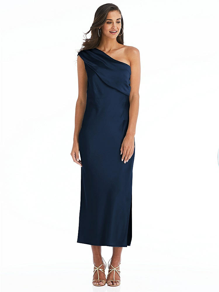 【STYLE: 8203】Draped One-Shoulder Convertible Midi Slip Dress【COLOR: Midnight Navy】