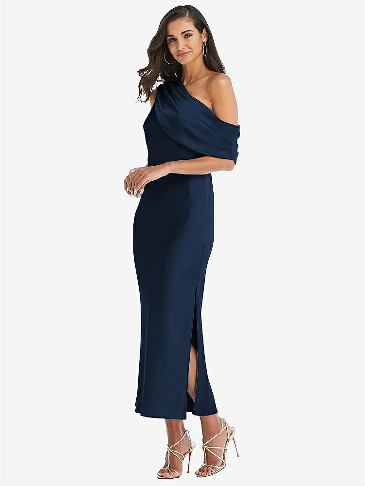 【STYLE: 8203】Draped One-Shoulder Convertible Midi Slip Dress【COLOR: Midnight Navy】
