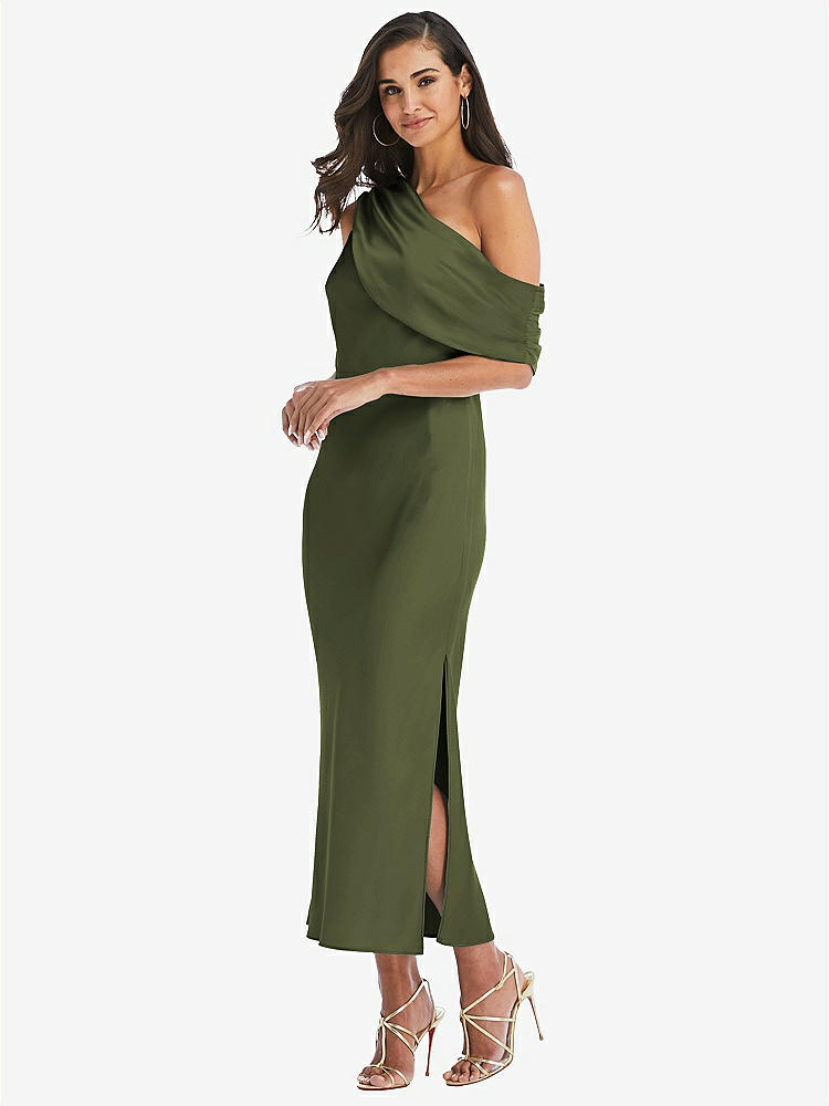 【STYLE: 8203】Draped One-Shoulder Convertible Midi Slip Dress【COLOR: Olive Green】