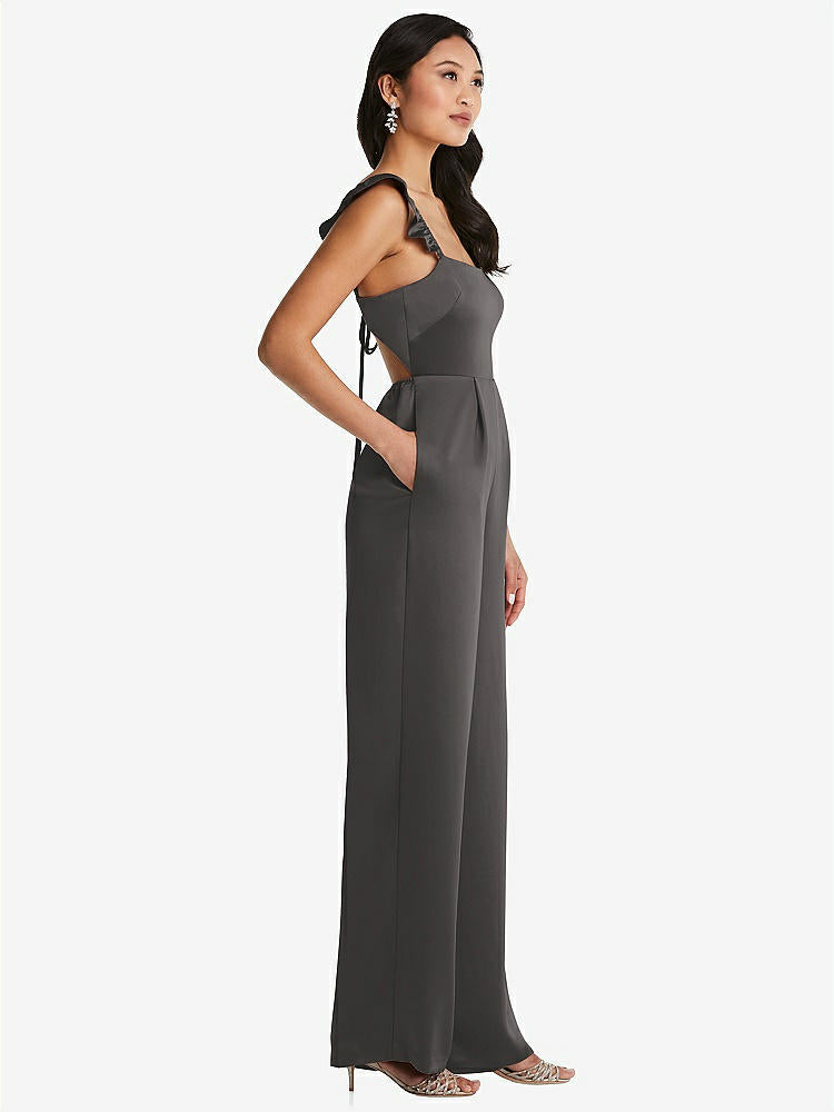 【NEW】【STYLE: 8206】フリル 袖 ネクタイバック ジャンプスーツ ポケット付き【COLOR: Caviar Gray】【SIZE: 00-30W】