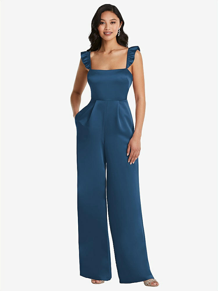 【STYLE: 8206】Ruffled Sleeve Tie-Back Jumpsuit with Pockets【COLOR: Dusk Blue】