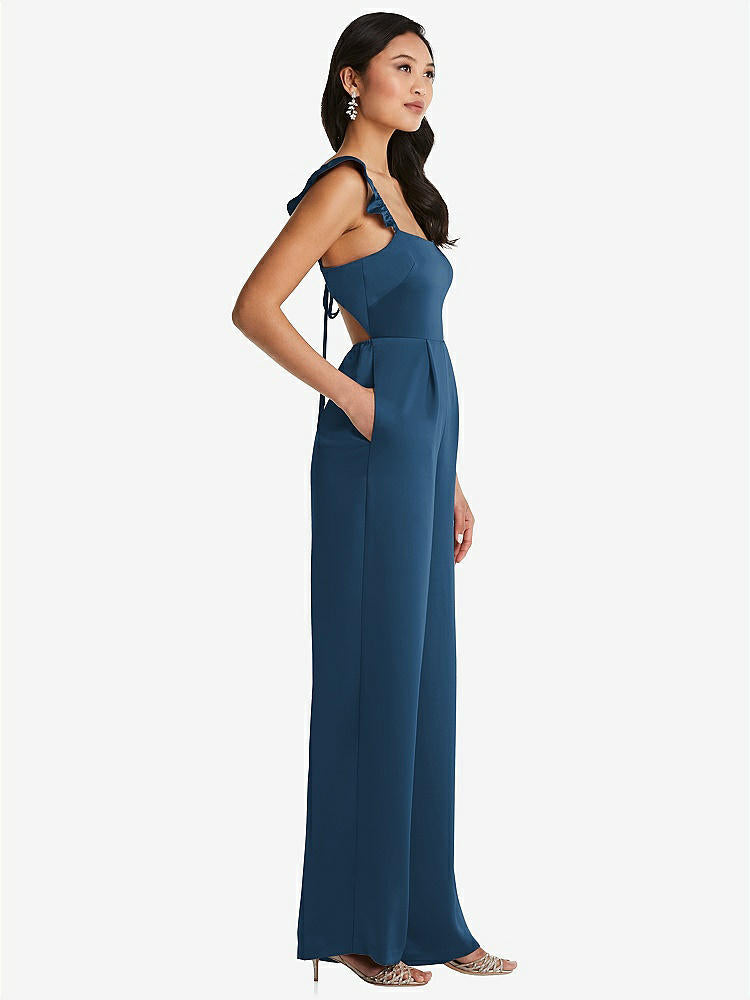 【STYLE: 8206】Ruffled Sleeve Tie-Back Jumpsuit with Pockets【COLOR: Dusk Blue】