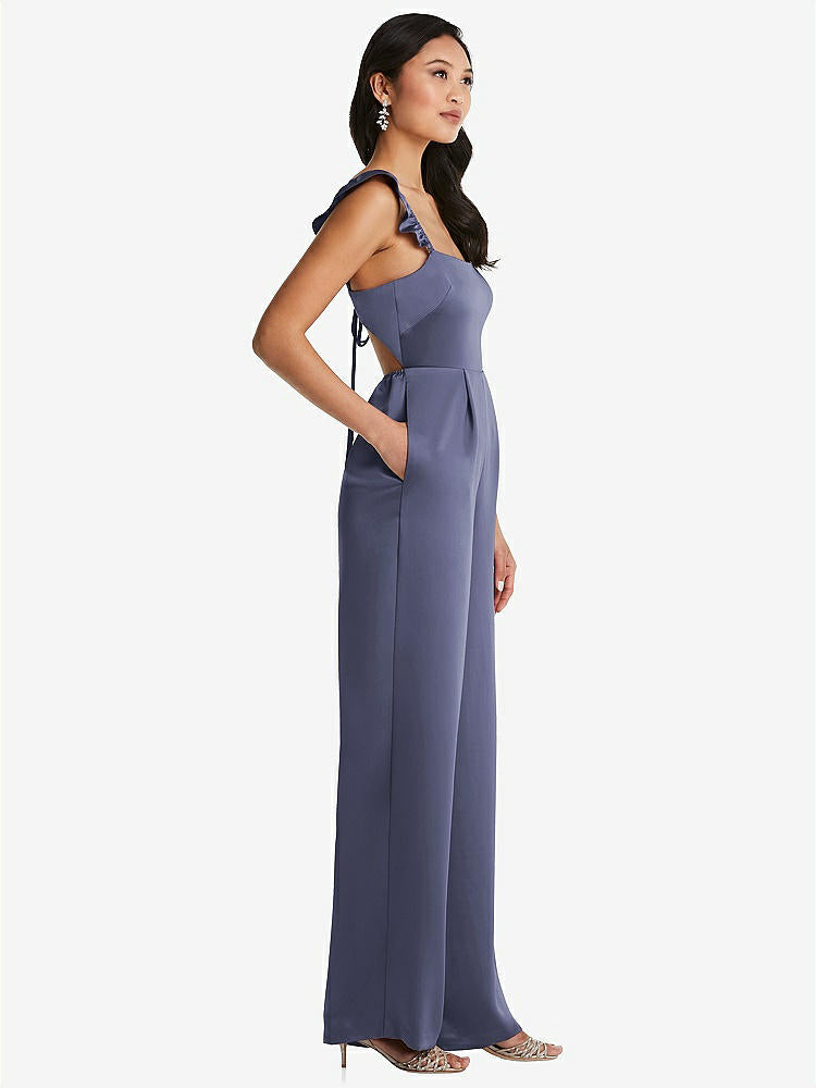 【STYLE: 8206】Ruffled Sleeve Tie-Back Jumpsuit with Pockets【COLOR: French Blue】