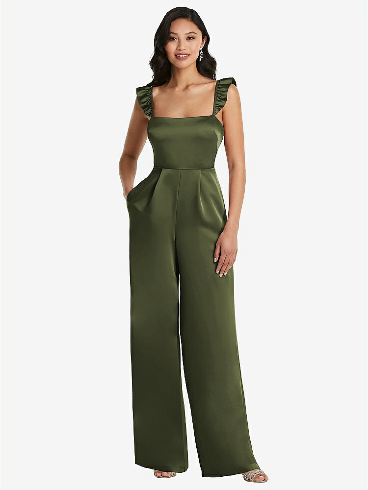 【NEW】【STYLE: 8206】フリル 袖 ネクタイバック ジャンプスーツ ポケット付き【COLOR: Olive Green】【SIZE: 00-30W】