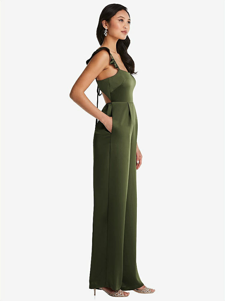 【NEW】【STYLE: 8206】フリル 袖 ネクタイバック ジャンプスーツ ポケット付き【COLOR: Olive Green】【SIZE: 00-30W】