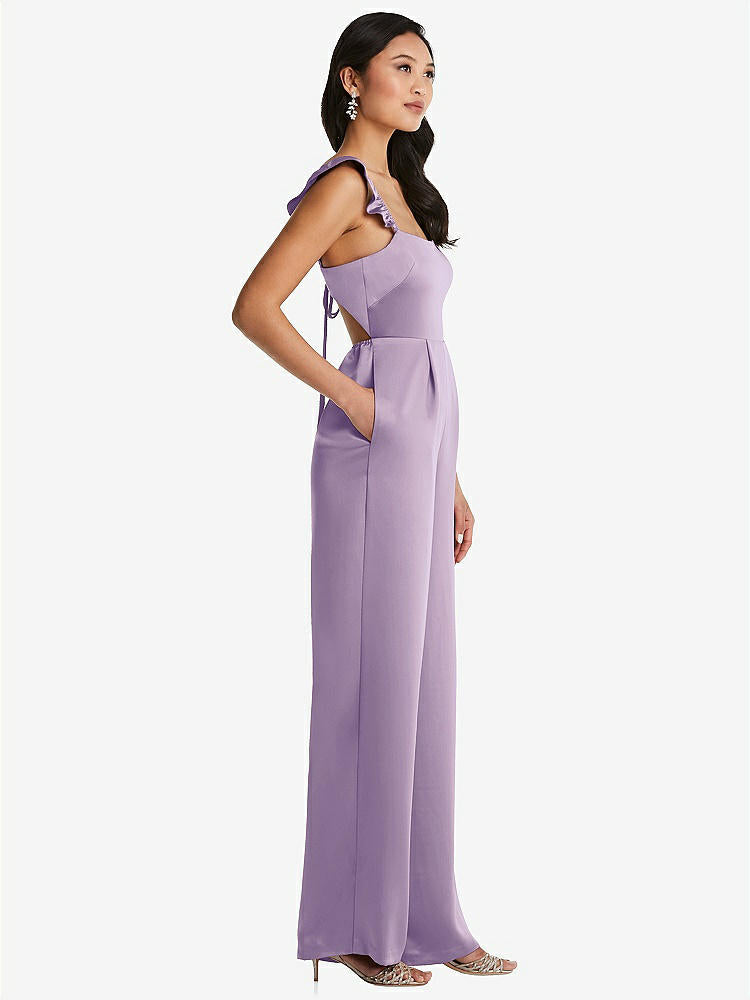 【NEW】【STYLE: 8206】フリル 袖 ネクタイバック ジャンプスーツ ポケット付き【COLOR: Pale Purple】【SIZE: 00-30W】