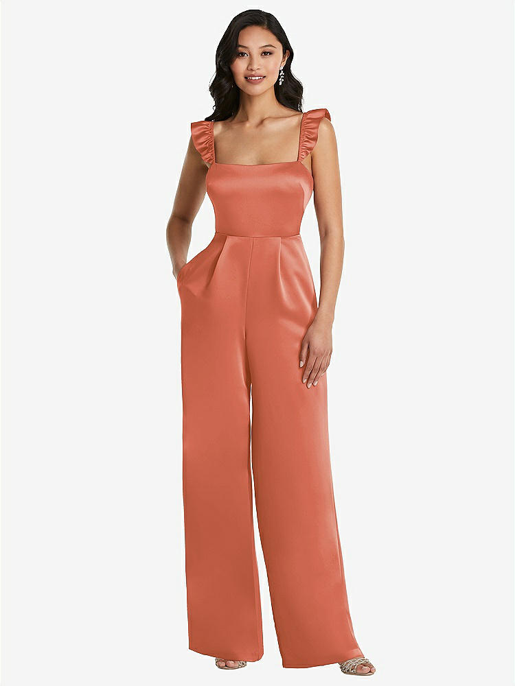 【NEW】【STYLE: 8206】フリル 袖 ネクタイバック ジャンプスーツ ポケット付き【COLOR: Terracotta Copper】【SIZE: 00-30W】