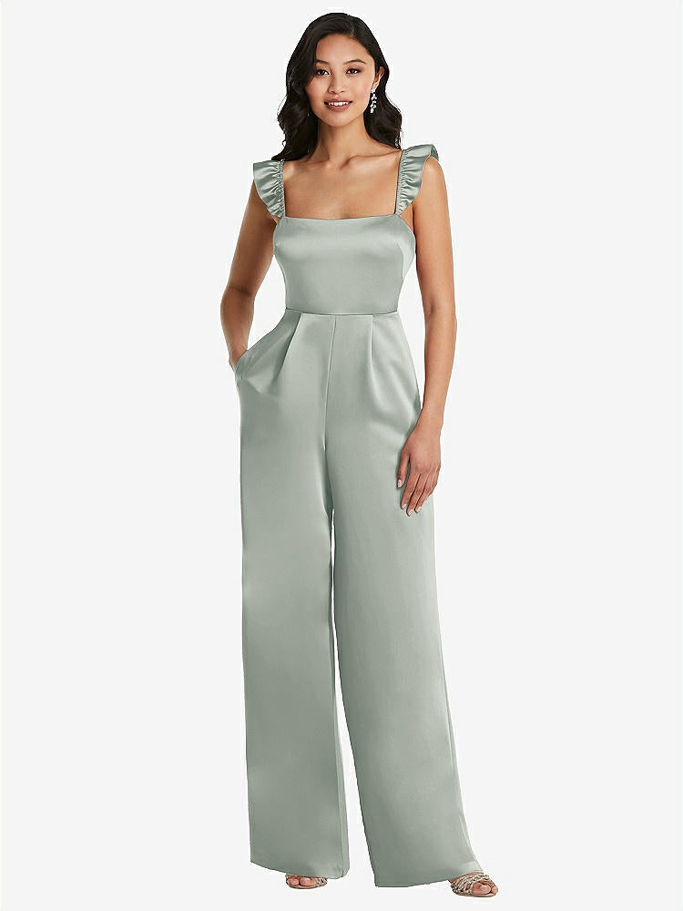 【NEW】【STYLE: 8206】フリル 袖 ネクタイバック ジャンプスーツ ポケット付き【COLOR: Willow Green】【SIZE: 00-30W】