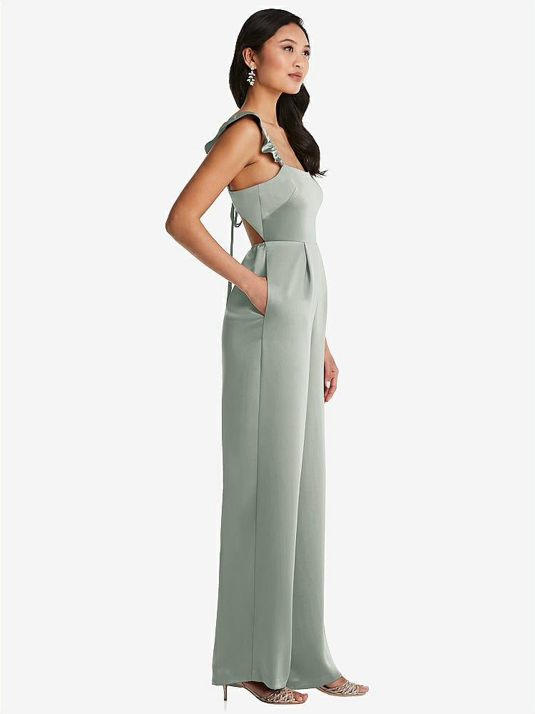 【NEW】【STYLE: 8206】フリル 袖 ネクタイバック ジャンプスーツ ポケット付き【COLOR: Willow Green】【SIZE: 00-30W】