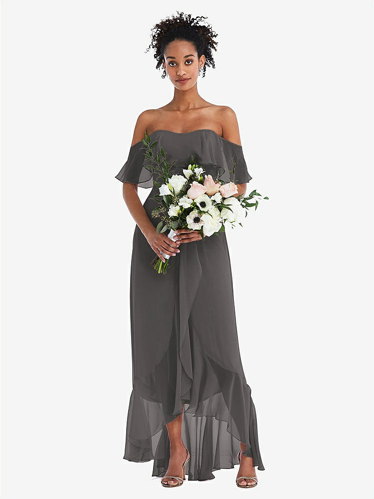 【STYLE: TH039】Off-the-Shoulder Ruffled High Low Maxi Dress【COLOR: Caviar Gray】