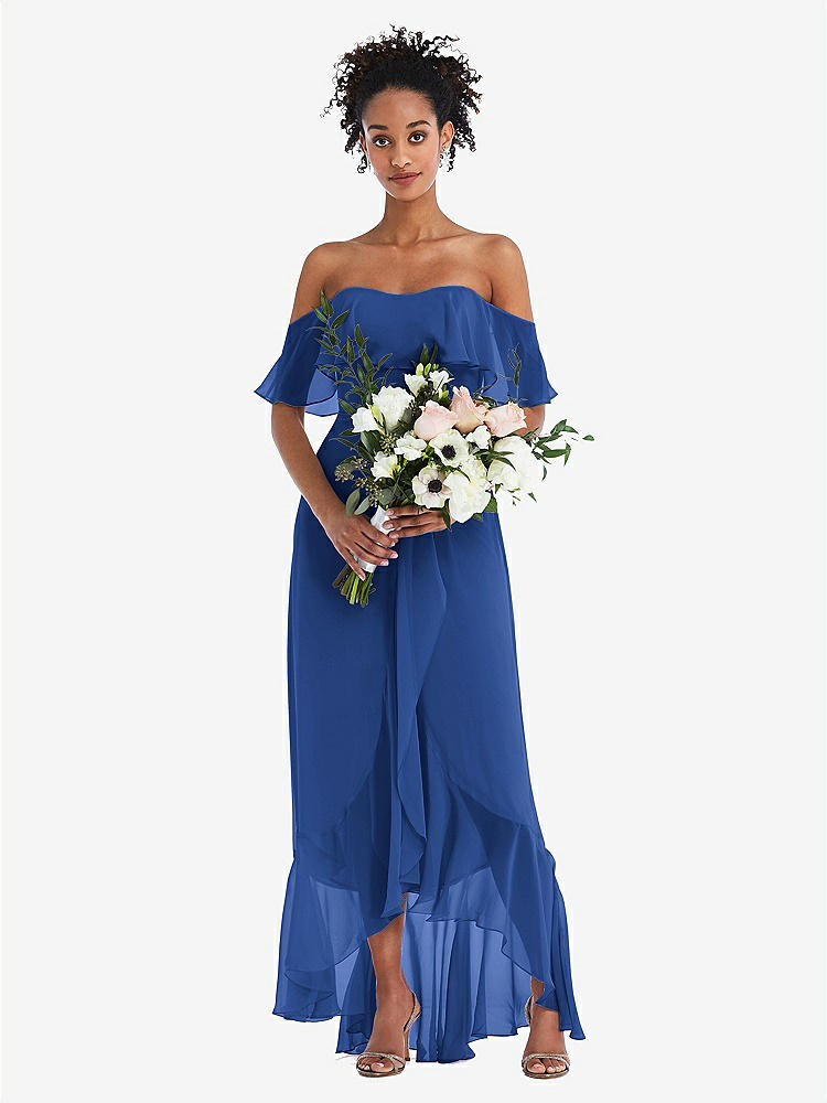 【STYLE: TH039】Off-the-Shoulder Ruffled High Low Maxi Dress【COLOR: Classic Blue】
