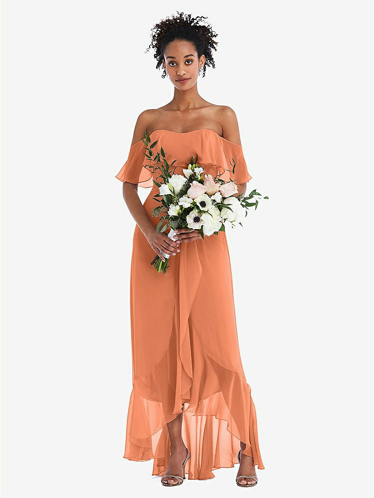 【STYLE: TH039】Off-the-Shoulder Ruffled High Low Maxi Dress【COLOR: Sweet Melon】