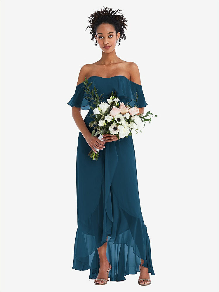 【STYLE: TH039】Off-the-Shoulder Ruffled High Low Maxi Dress【COLOR: Atlantic Blue】