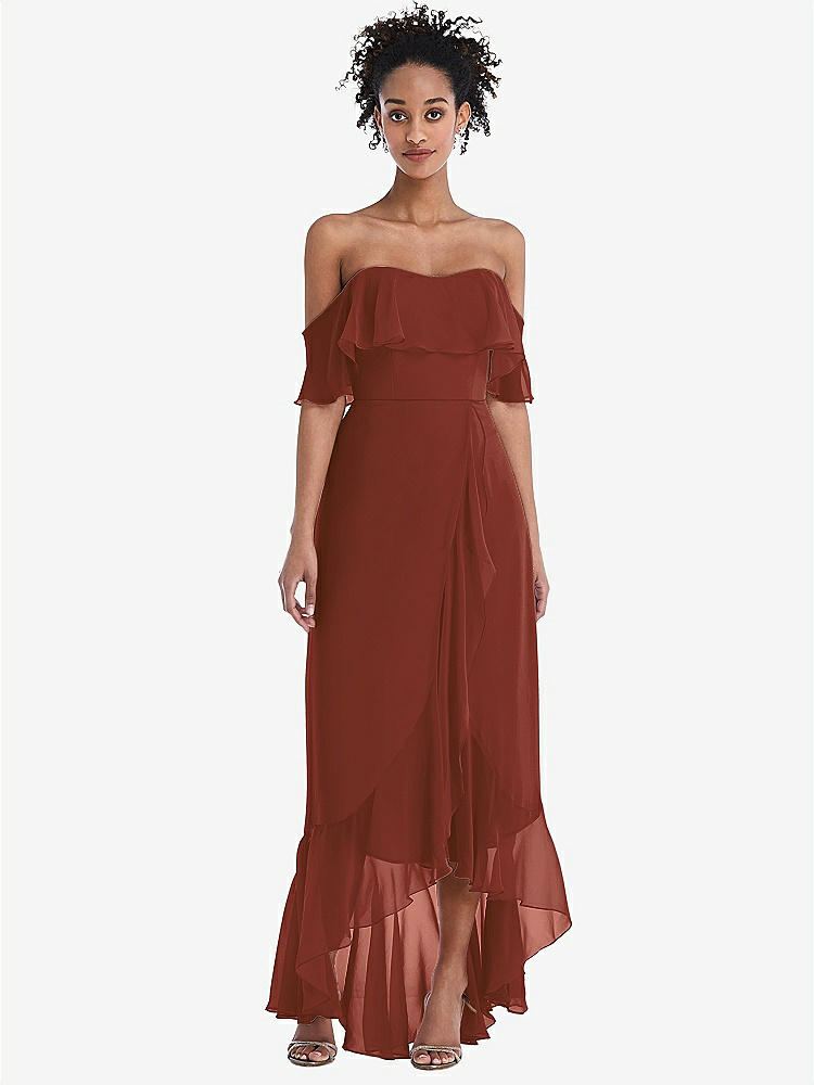 【STYLE: TH039】Off-the-Shoulder Ruffled High Low Maxi Dress【COLOR: Auburn Moon】