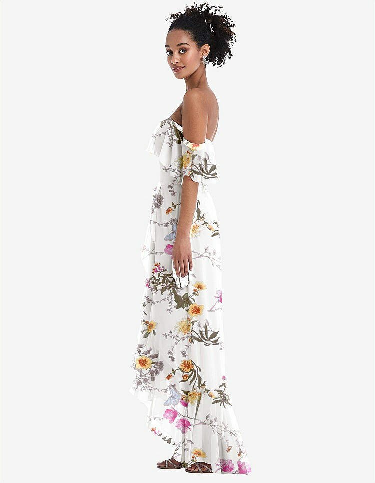 【NEW】【STYLE: TH039】オフショルダー フリル 高 低 マキシ ドレス【COLOR: Butterfly Botanica Ivory】【SIZE: 00-30W】