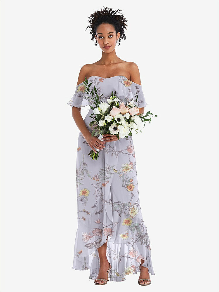 【STYLE: TH039】Off-the-Shoulder Ruffled High Low Maxi Dress【COLOR: Butterfly Botanica Silver Dove】