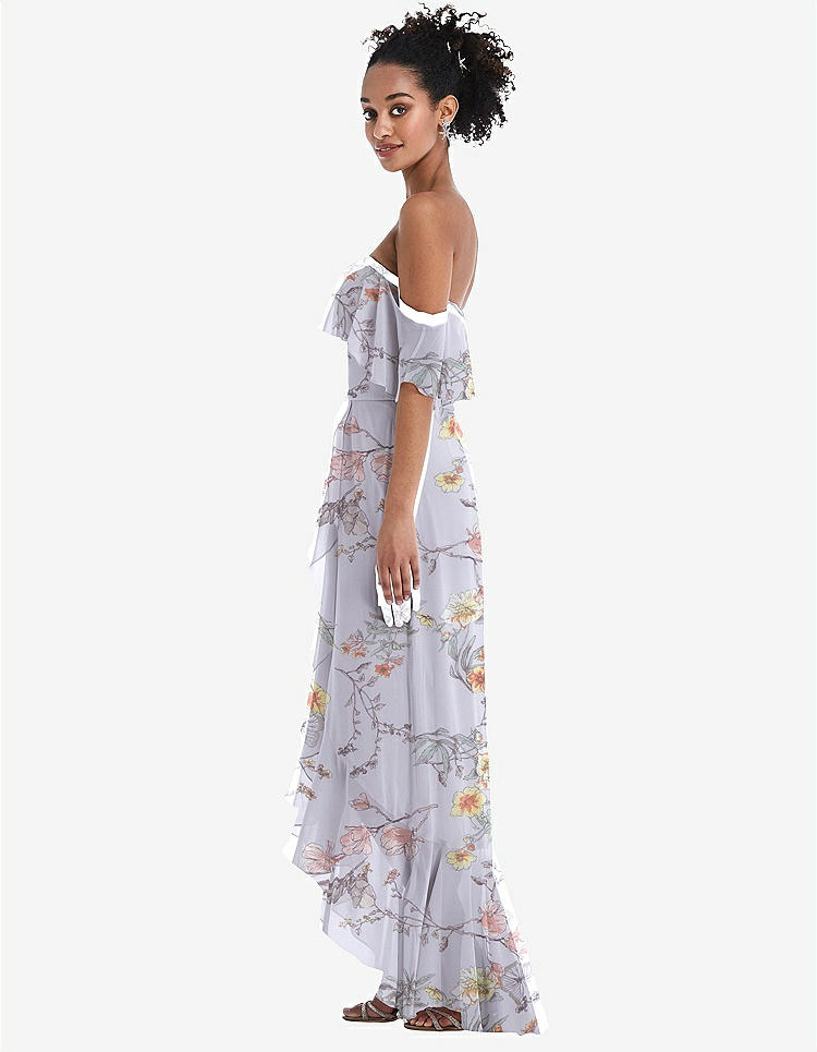 【STYLE: TH039】Off-the-Shoulder Ruffled High Low Maxi Dress【COLOR: Butterfly Botanica Silver Dove】