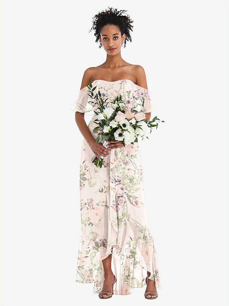 【STYLE: TH039】Off-the-Shoulder Ruffled High Low Maxi Dress【COLOR: Blush Garden】