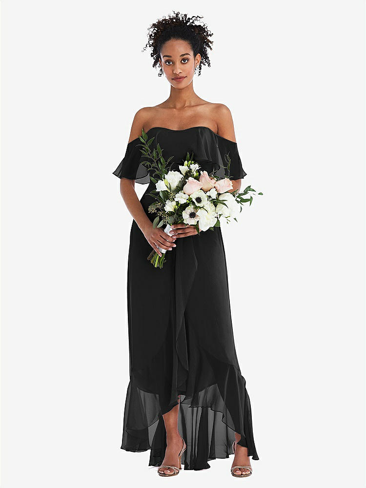 【STYLE: TH039】Off-the-Shoulder Ruffled High Low Maxi Dress【COLOR: Black】
