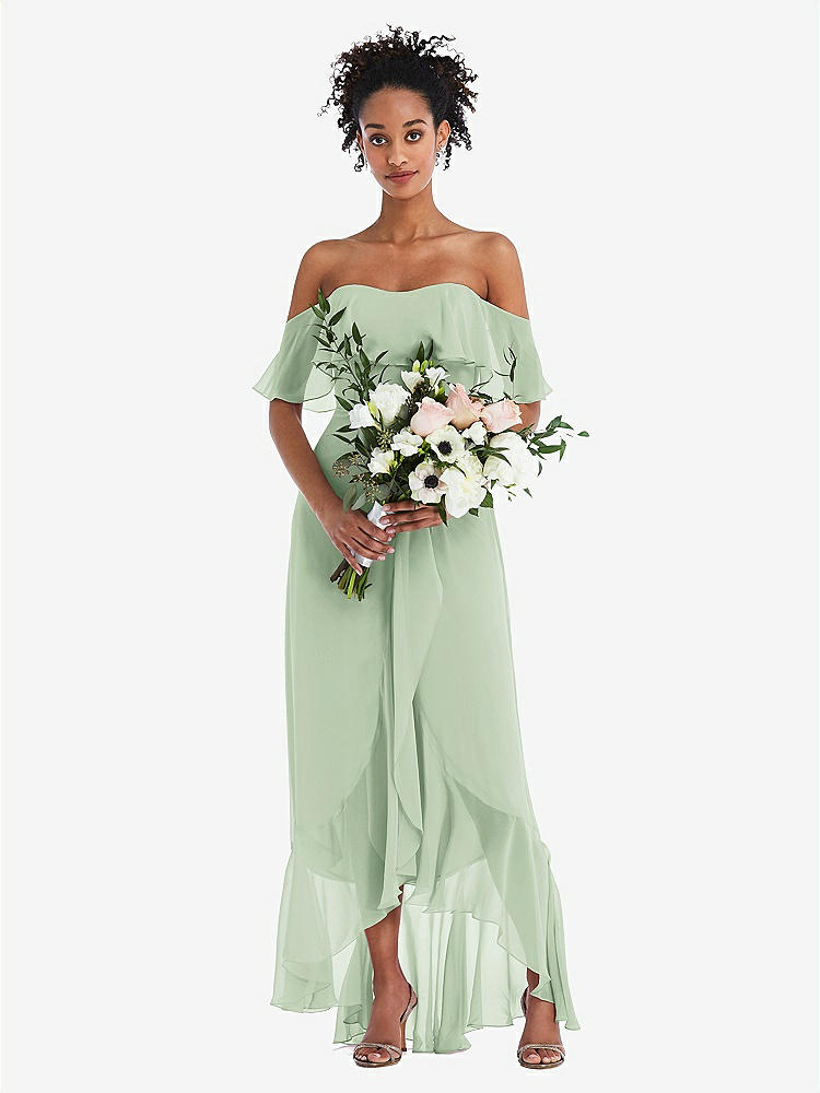 【STYLE: TH039】Off-the-Shoulder Ruffled High Low Maxi Dress【COLOR: Celadon】