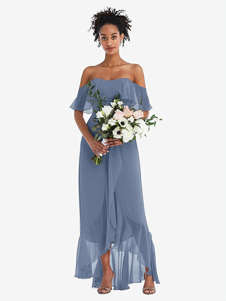 【STYLE: TH039】Off-the-Shoulder Ruffled High Low Maxi Dress【COLOR: Larkspur Blue】